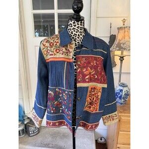 Coldwater Creek Embroidered Denim Jacket size L button collared floral